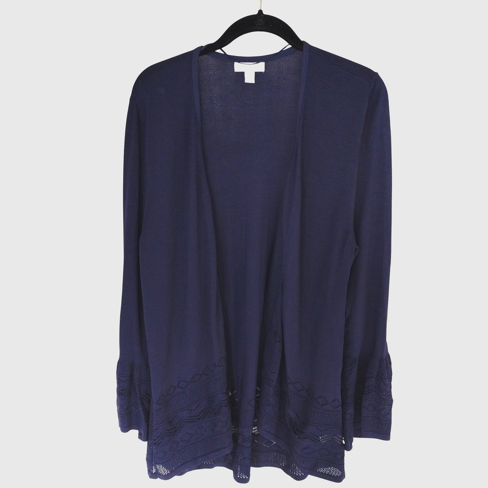 Charter Club‎ Womens Navy Blue Open Front Cardigan Crochet Trim Size Large